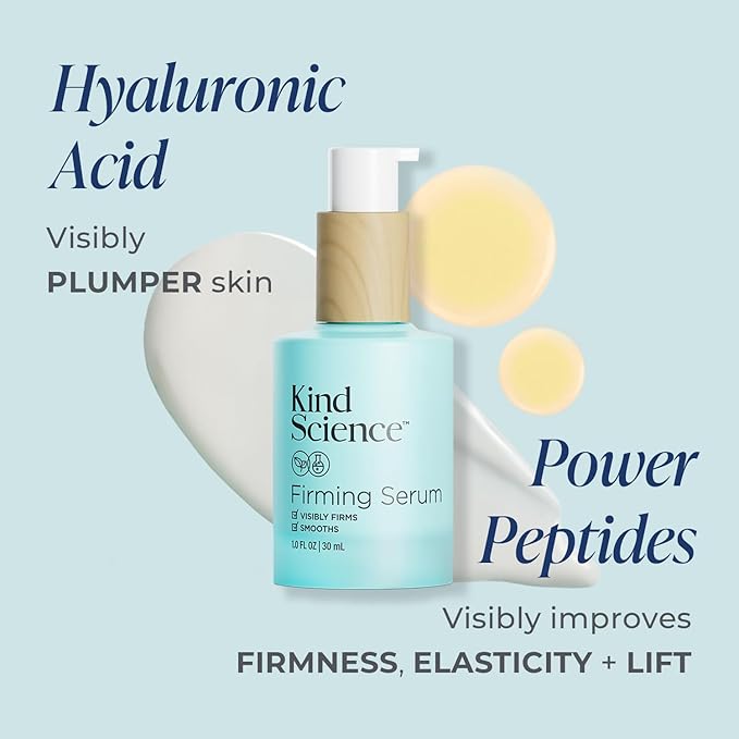 Kind Science Firming Face Serum for Women - Hyaluronic Acid Serum for Face Visibly Smooths Wrinkles - Bakuchiol Retinol Alternative with Peptides - Anti Aging Skin Care for Sensitive Skin, 1 fl oz