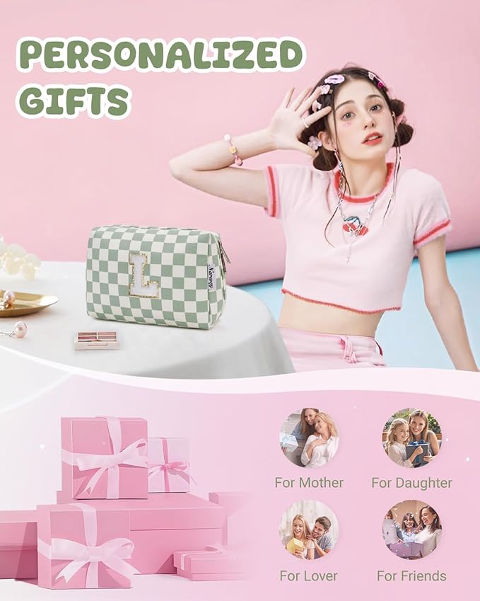 Narwey Birthday Gifts for Teen Girls Women Personalized Initial Checkered Makeup Bag Preppy Cosmetic Bag Trendy Stuff 6 8 10 11 12 13 14 16 18 Years Old Travel Toiletry Bag (Green Letter L)