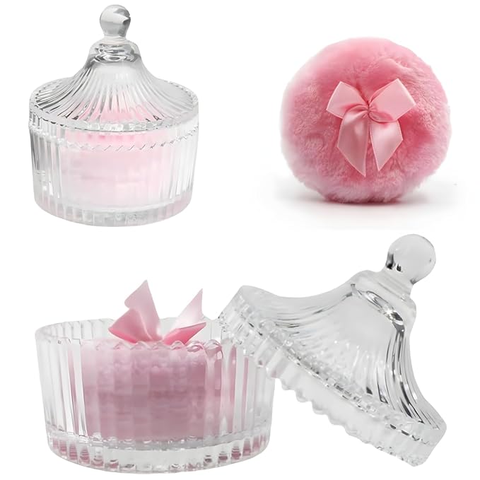 2 Pcs Large Body Powder Puff and Container Powder Container with Puff Crystal Case Soft Washable Reusable Velour Face Body Glitter Wet Dry Makeup (Pink)