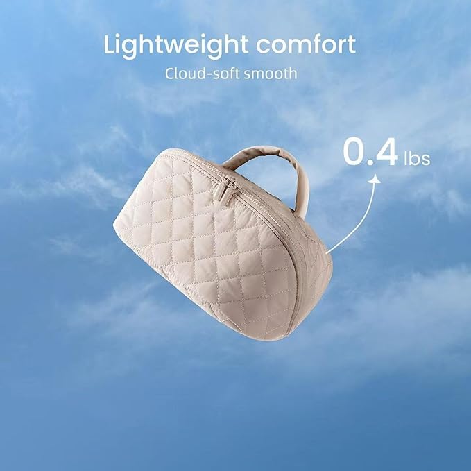 Makeup Bag for Woman, 180° Lay Flat Wide Open Makeup Bags, Large Fold out Washable Cosmetic Case, Quilted Puffy Toiletry Bags for Toiletries (White)
