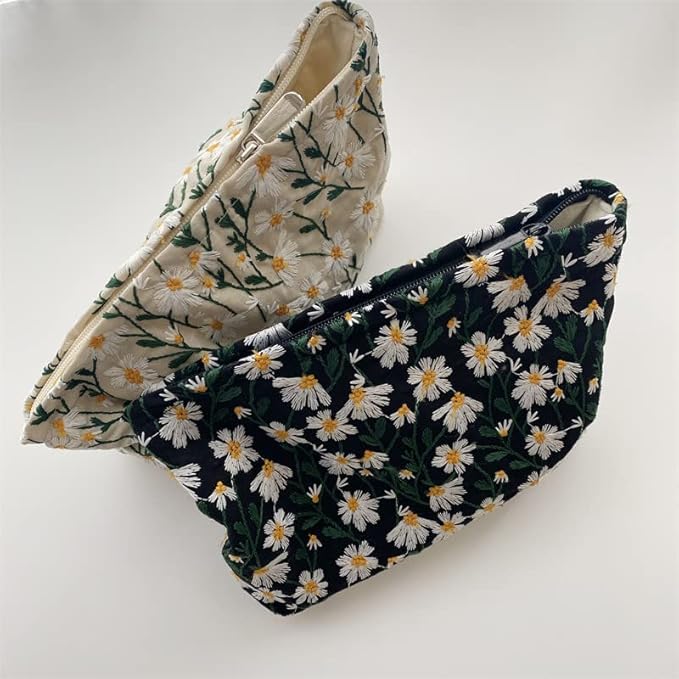 Makeup Bags for Purse Zipper Cosmetic Pouch Large Travel Canvas Make Up Organizer Tool Pouch for Women and Girls,Daisy White
