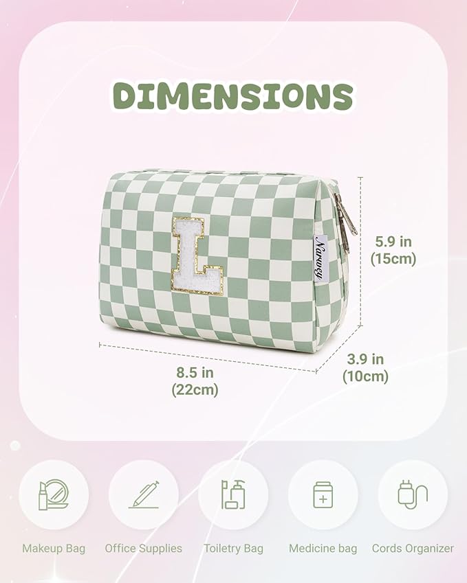 Narwey Birthday Gifts for Teen Girls Women Personalized Initial Checkered Makeup Bag Preppy Cosmetic Bag Trendy Stuff 6 8 10 11 12 13 14 16 18 Years Old Travel Toiletry Bag (Green Letter L)