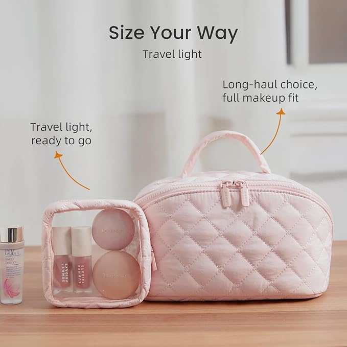Makeup Bag for Woman, 180° Lay Flat Wide Open Makeup Bags, Large Fold out Washable Cosmetic Case, Quilted Puffy Toiletry Bags for Toiletries (White)