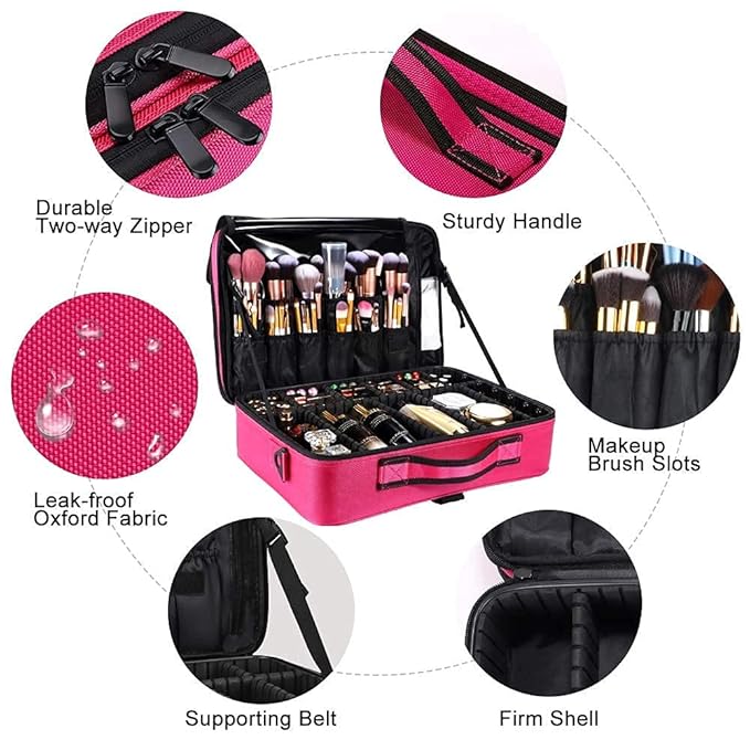 gzcz Large Capacity 16.5 inches Professional Travel Makeup Train Case Portable Artist Cosmetic Brush Organizer Storage Bag With Adjustable Dividers And Shoulder Strap for Toiletry Jewelry （Rose Red）