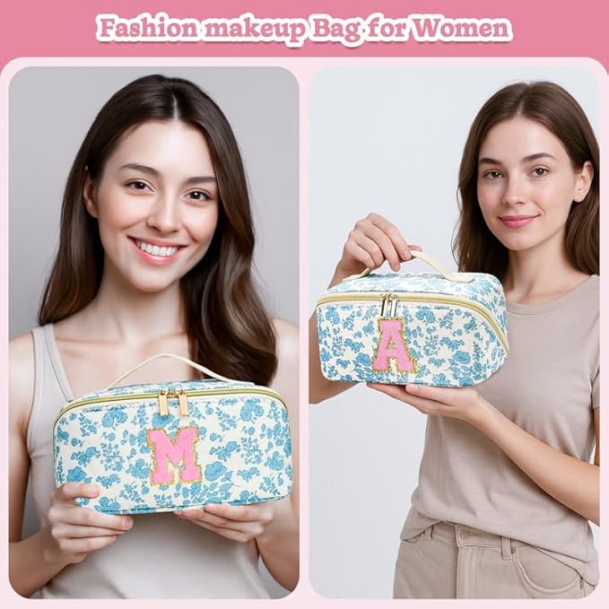 Personalized Travel Makeup Bag Set,Initial Travel Cute Floral Makeup Organizer Bag,Toiletry Skincare Cosmetic Bag,Christmas Gifts for Women/Girls,Open Flat Toiletry Pouch with Brush Pocket-O