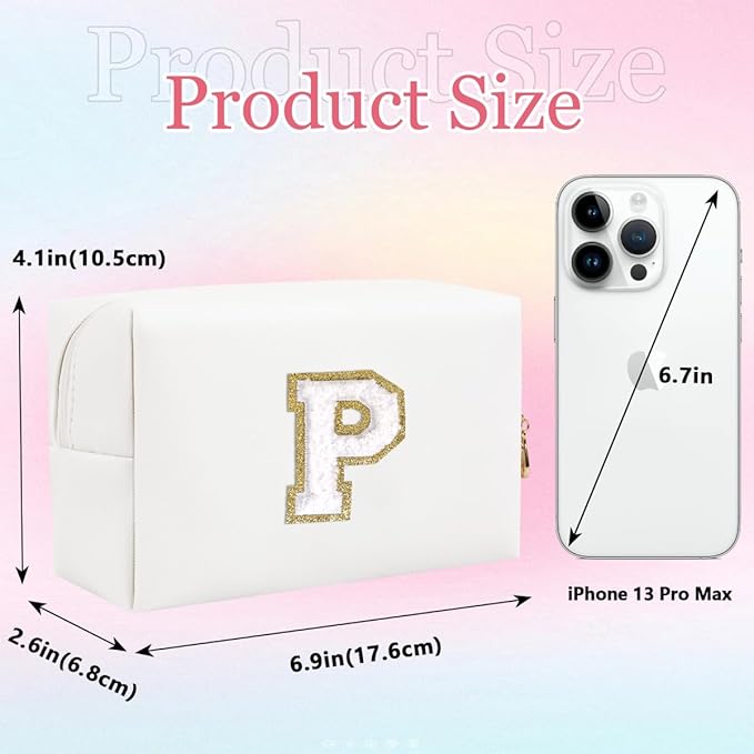 Small Personalized Letter Makeup Bag, Cute PU Leather Chenille Letters Cosmetic Bag Travel Makeup Pouch, Preppy Travel Organizer Zipper Pouch for Women&Girls（White-P）