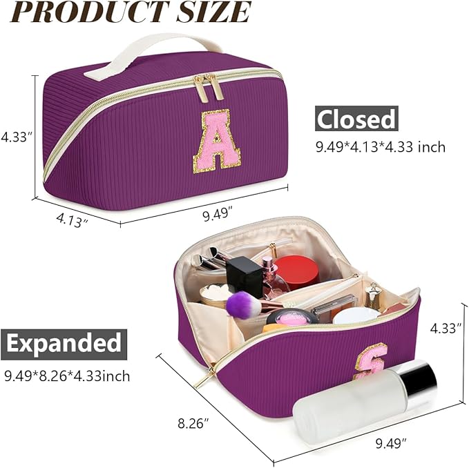 Personalized Initial Makeup Bag,Christmas Gifts for Girl,Preppy Bag Cosmetic Travel Bag Women,Travel Toiletry Organizer,Large Capacity Corduroy Stuff Bag,Cute Cosmetic Pouch Skincare Bag-U
