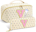 Personalized Travel Makeup Bag Set,Initial Travel Cute Floral Makeup Organizer Bag,Toiletry Skincare Cosmetic Bag,Christmas Gifts for Women/Girls,Open Flat Toiletry Pouch with Brush Pocket-V