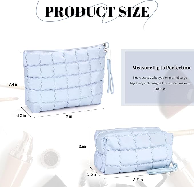 Richeart Makeup Bag Travel Toiletry Bag - Checkered Down Cotton Makeup Pouch for Women with Cosmetic and Pencil, Aesthetic Light blue Design, Small