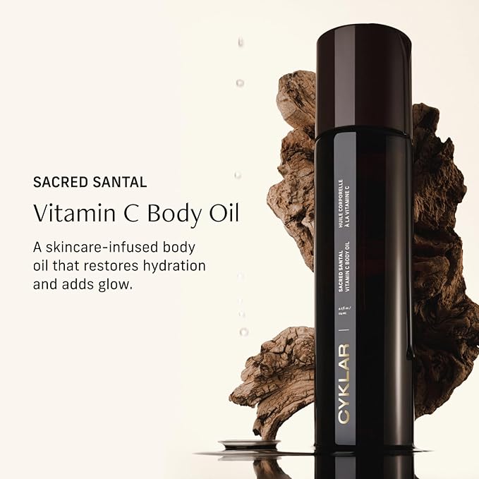 CYKLAR Vitamin C Body Oil for Women and Men. Moisturizing Sacred Santal Scented Body Serum for Glowing Skin. Nourishing, Hydrating After-Shower and Bath Skin Care Moisturizer, 4.2 Fl Oz