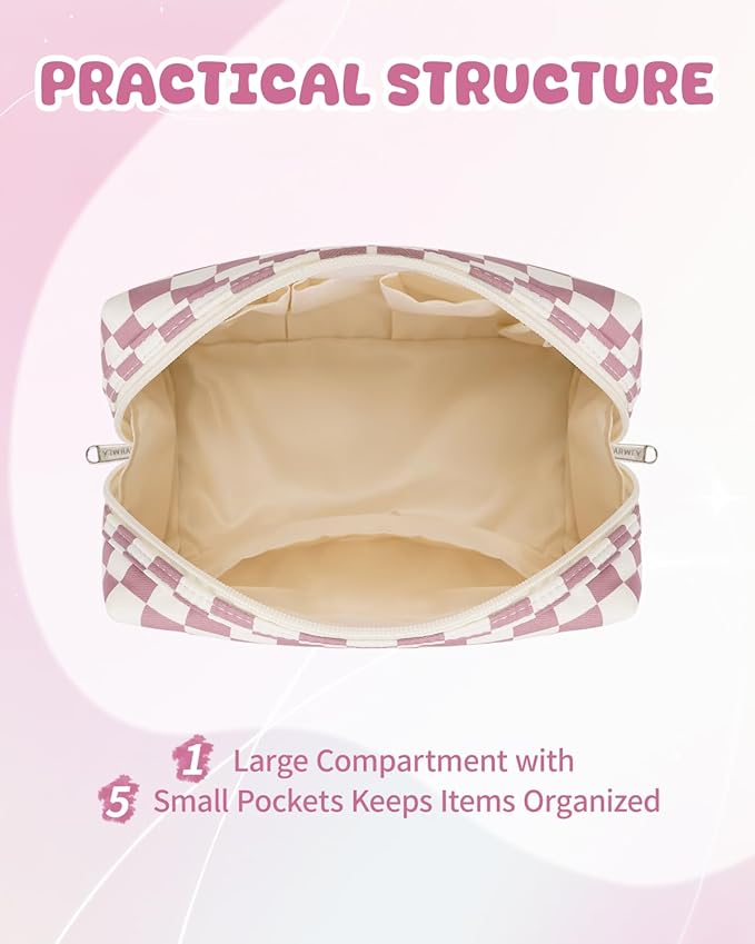 Narwey Birthday Gifts for Teen Girls Kids Women Personalized Initial Checkered Makeup Bag Pink Monogram Cosmetic Bag Trendy Stuff 6 8 10 11 12 13 14 16 18 Years Old Travel Toiletry Bag (Dusty Rose R)