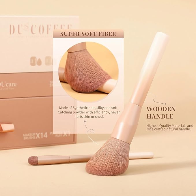 DUcare Makeup Brushes Set 14Pcs Coffee Series Makeup Brush set with Makeup Sponges Gifts Foundation Blending Face Powder Blush Eye Shadows Brushes