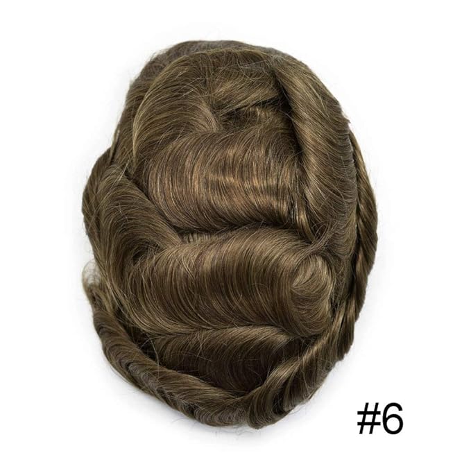 FACE MIRACLE Toupee for Men French Lace Hairpiece Human Hair Replacement System Skin PU Mens Toupee Hair Wigs for Man V-Looped Front Hair Prosthesis 8"X10" 6# LIGHT BROWN