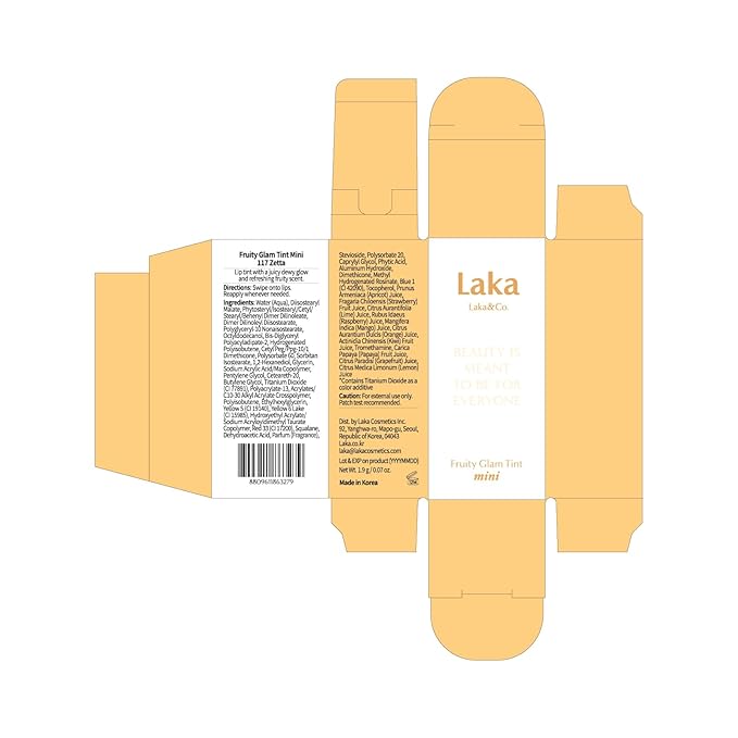Laka Fruity Glam Lip Tint Mini, Glowing Lip Stain with Wide Color Spectrum, Hydrating & Lightweight Texture, Long-Lasting Bold Stain, Non-Sticky, Vegan, K-Beauty (#117 Zetta)