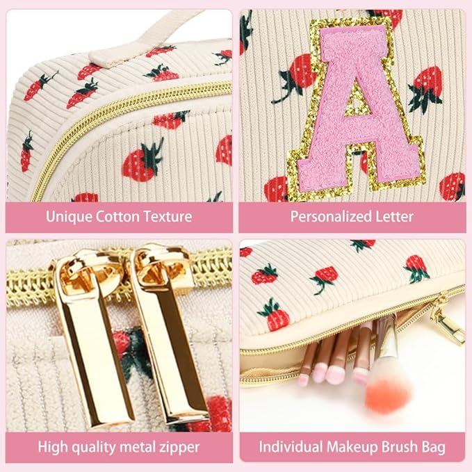 Personalized Travel Makeup Bag Set,Initial Travel Strawberry Makeup Organizer Bag,Toiletry Skincare Cosmetic Bag,Christmas Gifts for Women/Girls,Open Flat Toiletry Pouch with Brush Pocket-Q