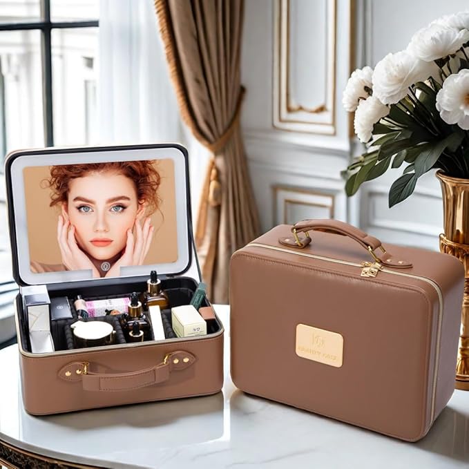 Travle Makeup Bag with LED Mirror, Makeup Train Case with Light Up Mirror, Portable Waterproof Makeup Organizer with Adjustable Dividers, Cosmetic Brush Holder Storage for Women Gift
