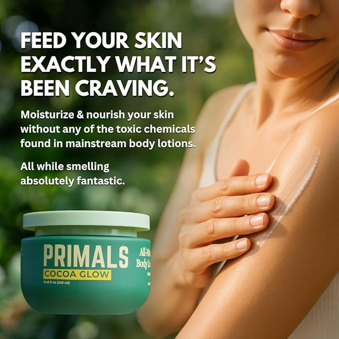 PRIMALS All Natural Body Lotion - Cocoa Butter & Mango Butter - 100% Naturally Derived Ingredients - Alcohol Free, Artificial Fragrance Free, Paraben Free, Petroleum Derivative Free - 8.45 oz