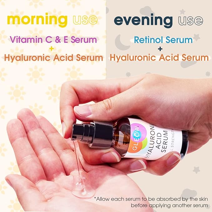 GLEOW Retinol Serum for Face, Vitamin C with Hyaluronic Acid Face Serum for Women and Men, Glow Total Package Skin Care Set, Targets Appearance of Uneven Skin Tone and Dryness 3x2 oz
