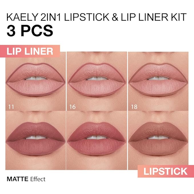 evpct 3Pcs Mauve Antique Dusty Rose Nude Pink Gradient Matte Lipstick Lip Liner Crayon Combo Pencil Set for Women Long Lasting, Cream Lip Liner and Lipstick Combo Makeup，Flawless Gradual Ombre Effect