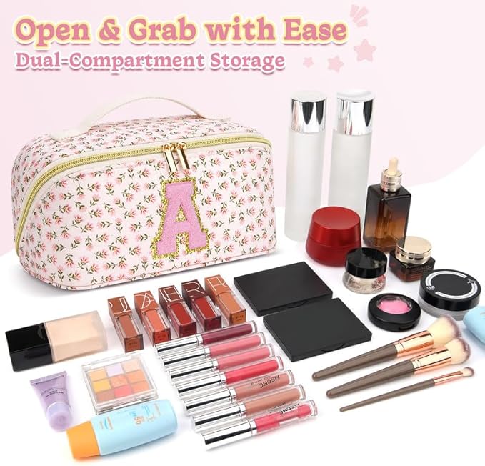 Personalized Travel Makeup Bag Set,Initial Travel Cute Floral Makeup Organizer Bag,Toiletry Skincare Cosmetic Bag,Christmas Gifts for Women/Girls,Open Flat Toiletry Pouch with Brush Pocket-T