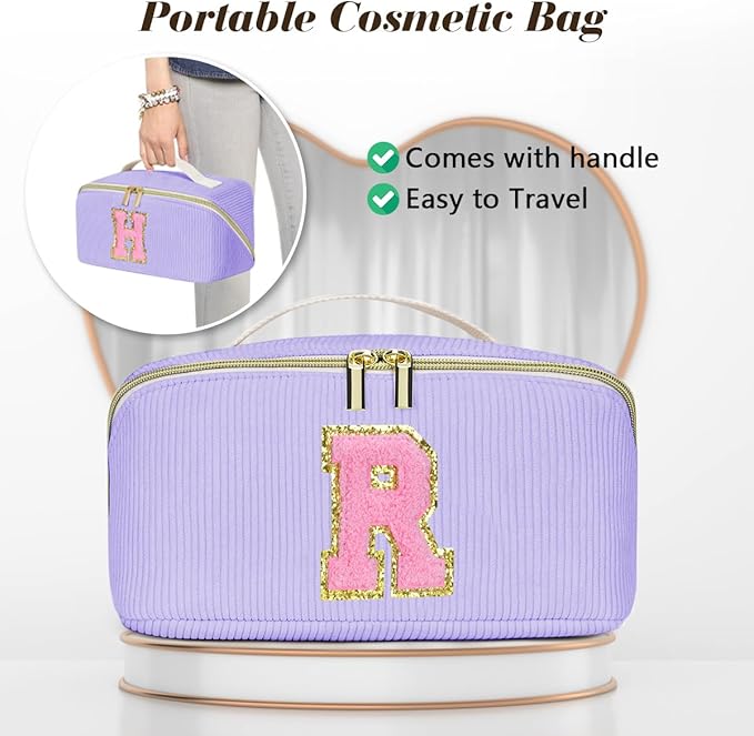 Personalized Initial Makeup Bag,Christmas Gifts for Girl,Preppy Bag Cosmetic Travel Bag Women,Travel Toiletry Organizer,Large Capacity Corduroy Stuff Bag,Cute Cosmetic Pouch Skincare Bag-X