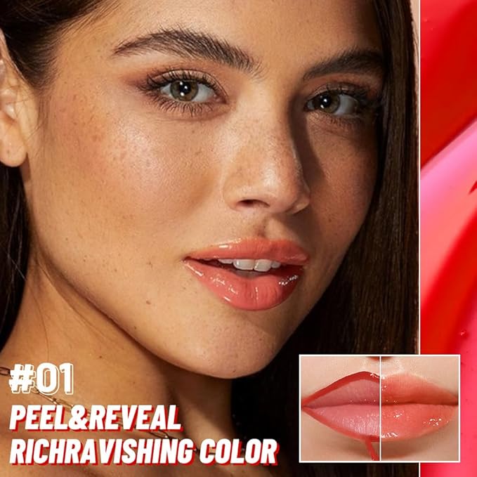 Vivid Apricot Lip Stain Peel Off Lip liner and Lip oil with Tweezer, Dual-Ended Peel Off Lip Stain Tattoo, Highly Pigmented Long Lasting Waterproof, Transfer-proof for All Skin Types, 01#