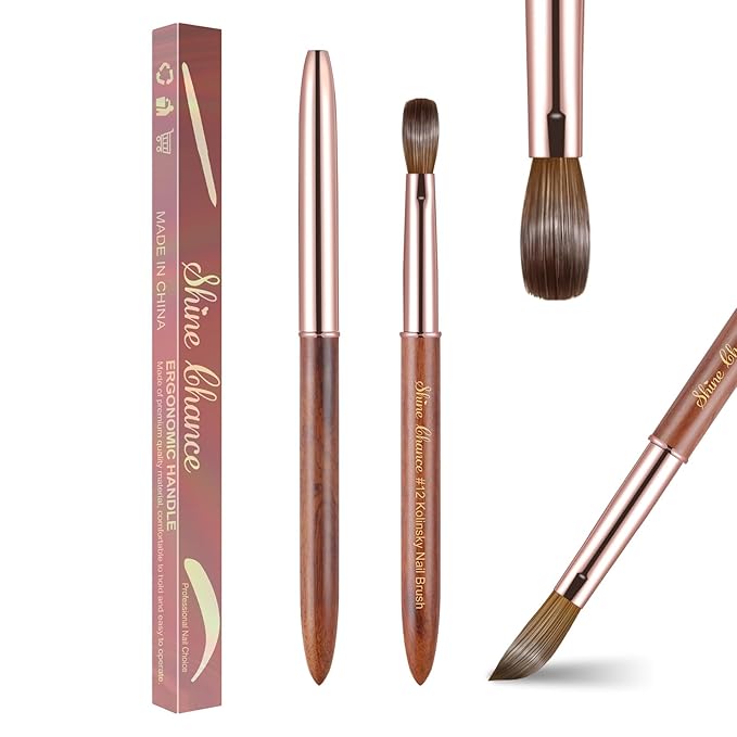 Acrylic Nail Art Brush Size 12, 100% Pure Kolinsky Hair Oval Nail Brush for Acrylic Application, Professional Nail Extension Manicure Tool Wooden Handle Nail Drawing Pen for DIY Home Salon