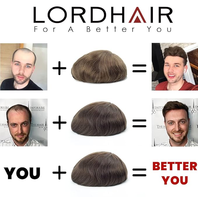 Lordhair Toupee for Men European human hair Full French Lace Hairpieces，Base Size 8x10 inch Hair Replacement System for Men Natural Hairline Human Hair Wig #1A Black