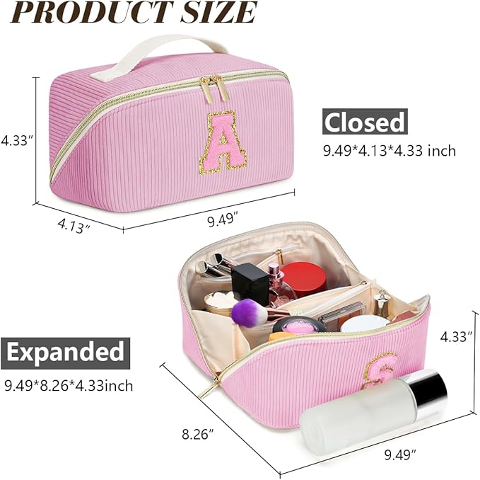 Personalized Initial Makeup Bag,Christmas Gifts for Girl,Preppy Bag Cosmetic Travel Bag Women,Travel Toiletry Organizer,Large Capacity Corduroy Stuff Bag,Cute Cosmetic Pouch Skincare Bag-W