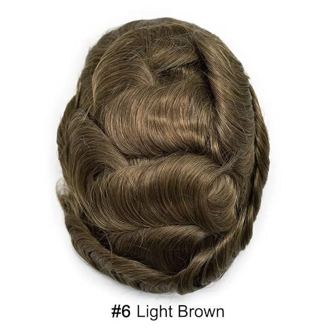 FACE MIRACLE Toupee for Men French Lace Hairpiece Human Hair Replacement System Skin PU Mens Toupee Hair Wigs for Man V-Looped Front Hair Prosthesis 6"X9" 6# LIGHT BROWN
