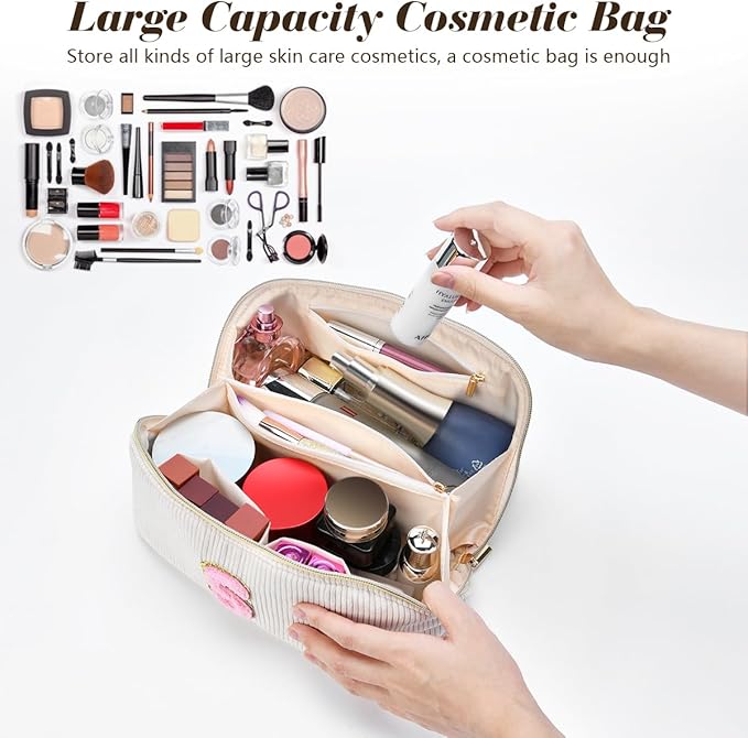 Personalized Initial Makeup Bag,Christmas Gifts for Girl,Preppy Bag Cosmetic Travel Bag Women,Travel Toiletry Organizer,Large Capacity Corduroy Stuff Bag,Cute Cosmetic Pouch Skincare Bag-M