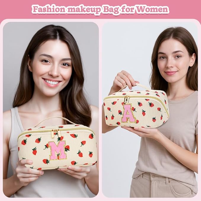 Personalized Travel Makeup Bag Set,Initial Travel Strawberry Makeup Organizer Bag,Toiletry Skincare Cosmetic Bag,Christmas Gifts for Women/Girls,Open Flat Toiletry Pouch with Brush Pocket-I