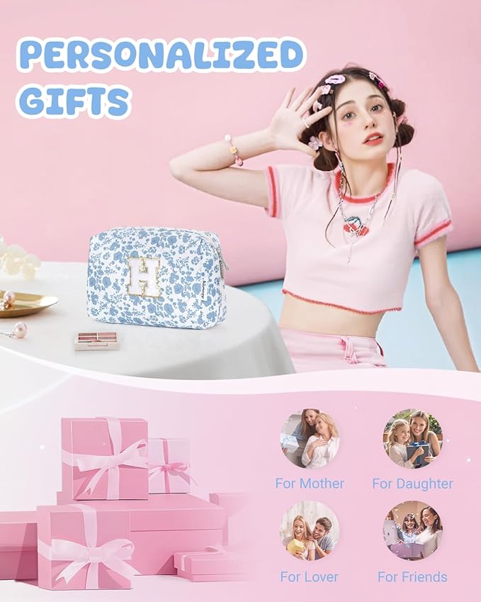 Narwey Birthday Gifts for Teen Girls Kids Women Personalized Initial Floral Makeup Bag Cute Cosmetic Trendy Stuff 6 8 10 11 12 13 14 16 18 Years Old Travel Toiletry Bag (Little Blue Flower H)