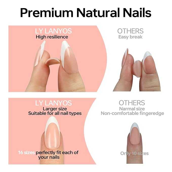 16 size White Almond Press on Nails for Women,32 Pcs Super Short Petite Oval Nails with Glue and Stick, Milky White