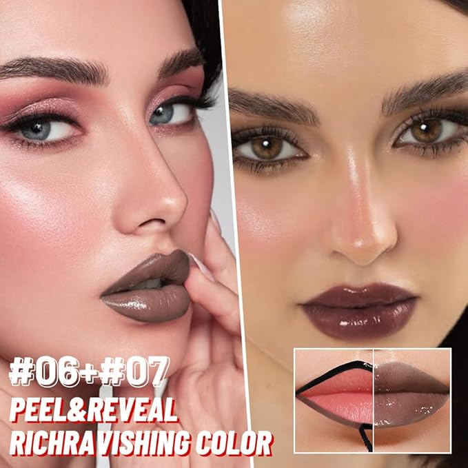 2Pcs Lip Stain Peel Off Lip Gloss oil Dual-Ended Combo, Lips Liner Stain Peel Off Masque, Long Lasting & Waterproof, Transfer-Proof Lip Tint Stain with Lip oil for All Skin Type 06#+07#