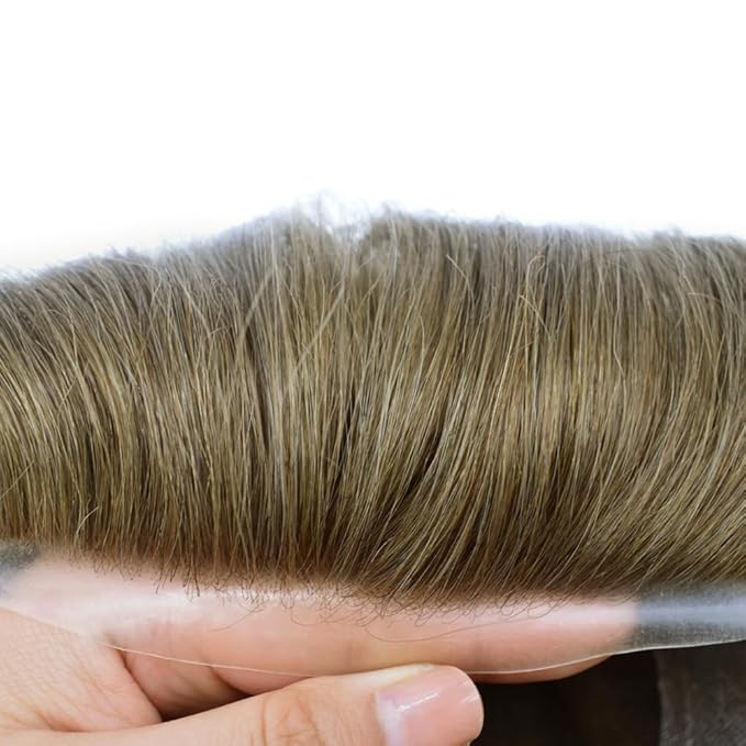 FACE MIRACLE Hair System for Men French Lace Mens Toupee Human Hair Replacement System Lace with PU Toupee for Men Male Hair Piece Wigs 7"X9" 7# VERY LIGHT BROWN
