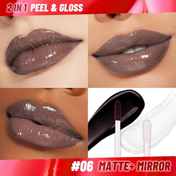 Brown Peel off Lip Stain Lip Oil Dual Ended Combo Set with Tweezer, 2 in 1 Lips Liner Stain Oil Long Lasting Waterproof, High Pigmented Flawless Lips Tint Stick Not Faded Vegan & Cruelty-free
