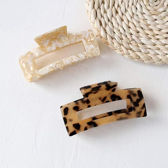 3 inch Hair Claw Clips Cutout Tortoise Shell Celluloid Hair Jaw Clips French Design Rectangle Hair Clamp for Women Ladies Mother (2 Pack)