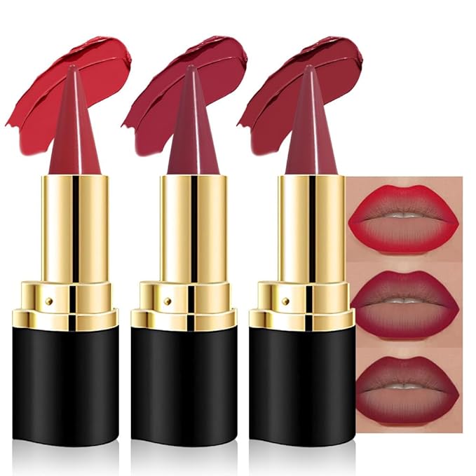 Kaely 3Pcs Gradient Matte Lipstick Lip Liner Pencil Set for Women, 2in1 Flawless Contour Gradual Ombre Effect Lip Pencil Makeup Waterproof, labiales mate 24 horas originales, 01+02+03