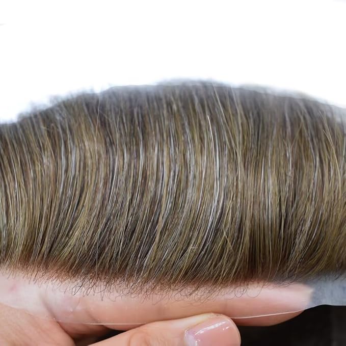 FACE MIRACLE French Lace Mens Toupee Human Hair System Lace Center Toupee for Men Thin Skin PU Around Hair Replacement System V-Looped Mens Hair Wig 6"X8" #520 5# MEDIUM LIGHT BROWN WITH 20% GREY