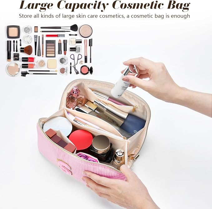 Personalized Initial Makeup Bag,Christmas Gifts for Girl,Preppy Bag Cosmetic Travel Bag Women,Travel Toiletry Organizer,Large Capacity Corduroy Stuff Bag,Cute Cosmetic Pouch Skincare Bag-U