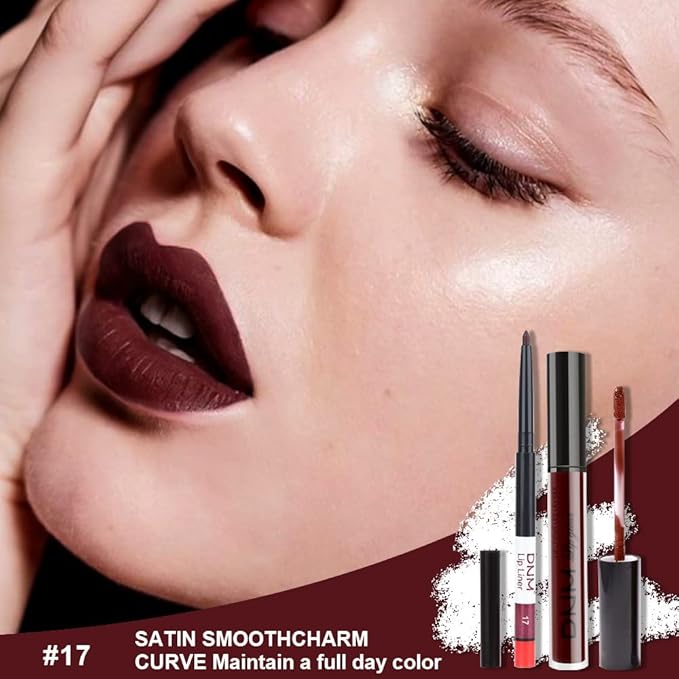 AMY'S DIARY 2pcs Matte Dark Red Lip Liner and Lipstick Makeup Set, Liquid Lipstick 24H and Lip Liner Set Matt Liquid Lips Make Up Waterproof Long Lasting Lipstick Matte Kit (#17)