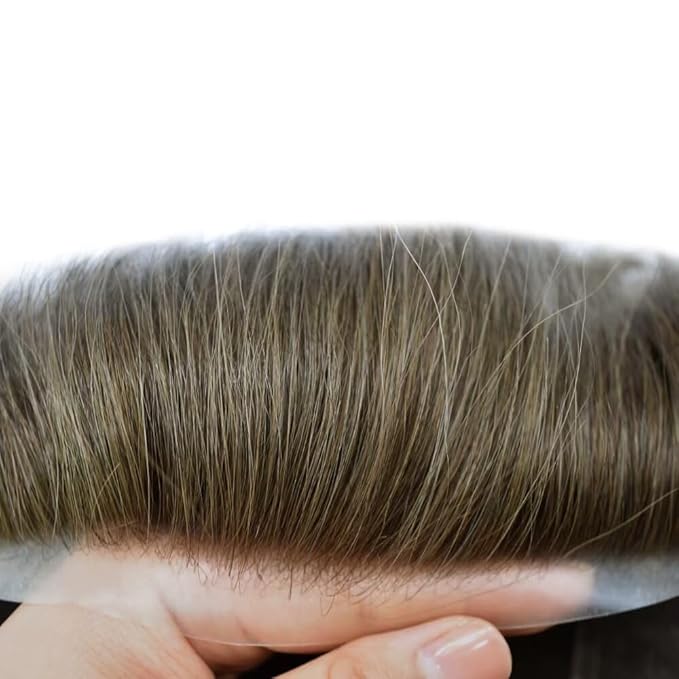 Mens Toupee Human Hair Piece French Lace Toupee for Man Hair System Indian Human Hair Replacement Systems V-Looped PU Front Hairpieces 7"X9" #410 Medium Brown with 10% Gray