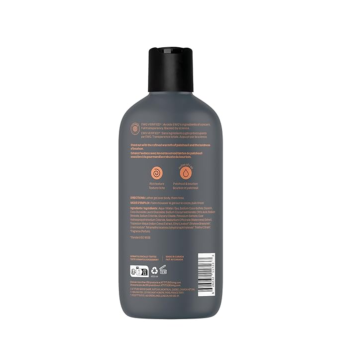 ATTITUDE Shower Gel Body Wash for Men, 98% Natural Origin Ingredients, Paraben & Phthalate Free, EWG Verified, Cleanses Without Drying, Patchouli & Bourbon, 14 Fl Oz (Pack of 3)