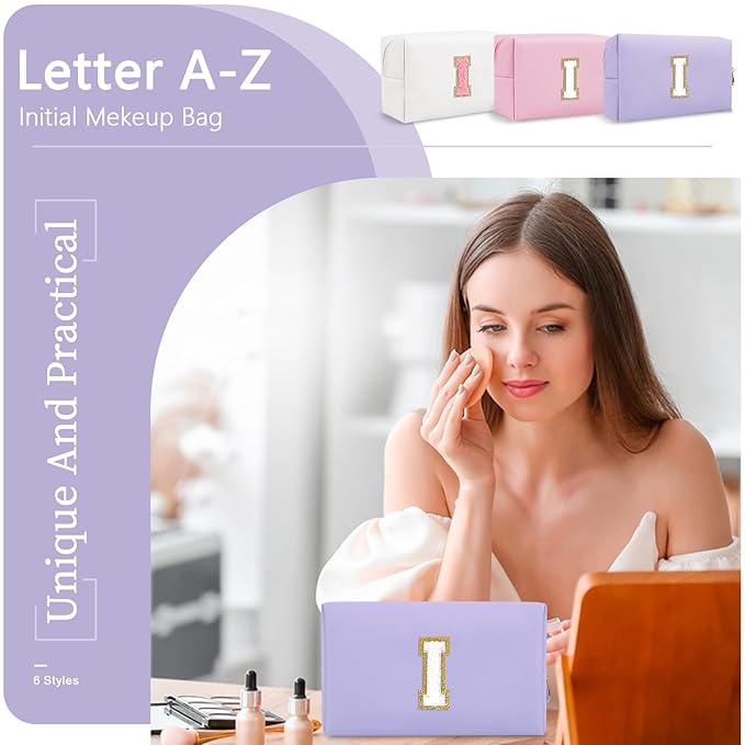 Personalized Makeup Bag Initial A-Z Preppy Patch Bag,Small PU Leather Travel Cosmetic Bag Pouch with Zipper,Purple Cute Toiletry Bag,Gift Ideal for Teen Girls Women Birthday Friend Mom,Latter I