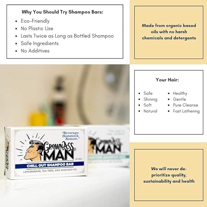 Grown Ass Man Co. - Solid Shampoo Bar Rich Lather 3 in 1: Hair, Beard & Body Wash - Plastic Free & Eco-Friendly, Natural & Organic Clean for All Hair Types, 4oz Bar (Variety, 6-Pack)