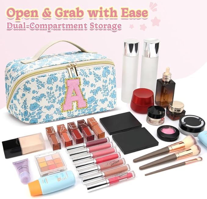 Personalized Travel Makeup Bag Set,Initial Travel Cute Floral Makeup Organizer Bag,Toiletry Skincare Cosmetic Bag,Christmas Gifts for Women/Girls,Open Flat Toiletry Pouch with Brush Pocket-K