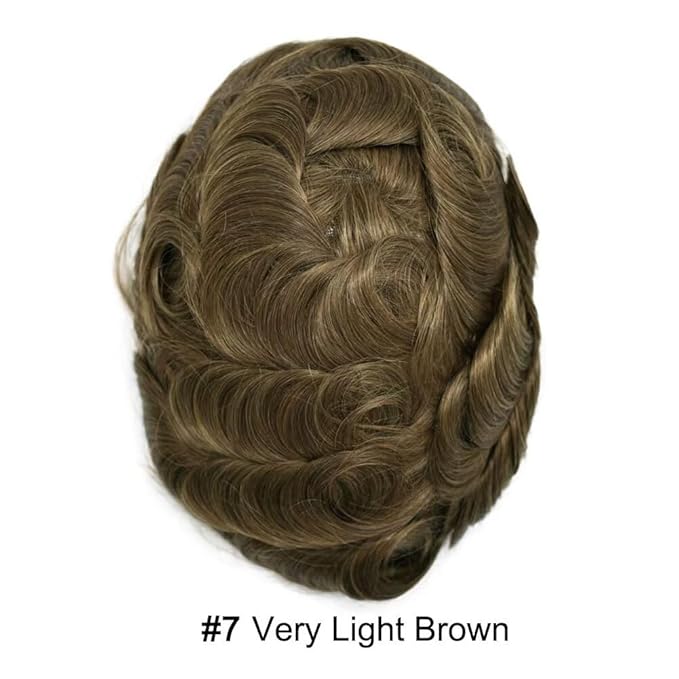 FACE MIRACLE Toupee for Men French Lace Hairpiece Human Hair Replacement System Skin PU Mens Toupee Hair Wigs for Man V-Looped Front Hair Prosthesis 6"X9" 7# VERY LIGHT BROWN