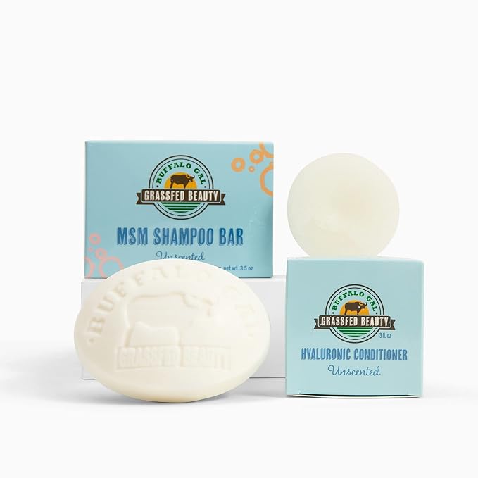 Grassfed Beauty - MSM Shampoo Bar + Hyaluronic Hair Conditioner Bar, Solid Bar Shampoo and Conditioner for Hair Growth, Non-Soap, For All Hair Types, Unscented, Set of 2