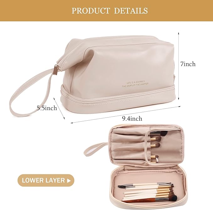 Abiudeng Large Capacity Makeup Bag Ladies Cosmetic Bag Travel Bag with Compartments Portable PU Leather Travel Makeup Bag with Handle